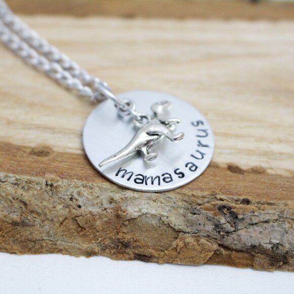 Mamasaurus Hand Stamped Pendant Necklace - 18" Chain - Handmade & Hypoallergenic - Picture 2 of 6